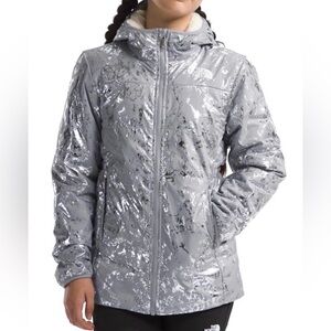 The North Face Girls Reversible Mossbud Swirl Metallic Gray Parka Jacket Size L